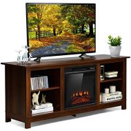 Tangkula Fireplace TV Stand, 1400W Electric Fireplace Stove TV Console Center for TVs up to 65 Inches, Home Media Stand w/ Fireplace, Remote Control & Adjustable Brightness for Liv