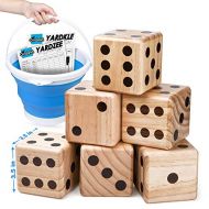ONDEKT Giant Wooden Yard Dice ? Splinter-Free and Crack-Proof Wood ? Jumbo Size with Collapsible Bucket - 2 Dry Erase Score Cards - Indoor/Outdoor - Play Many Games ? Fun and Engaging Gam