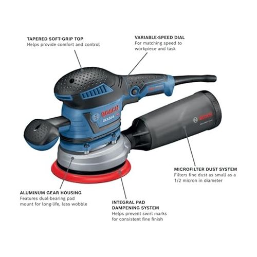  BOSCH 6-Inch Multi-Hole Random Orbit Sander or Polisher with Die-Cast Aluminum Gear Housing, Dust-Collection System, Soft-Grip Top, and Ergonomic Handles (Renewed)