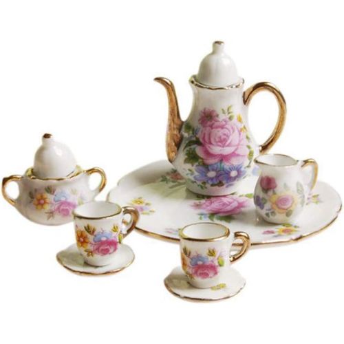  SXFSE Dollhouse Decoration Kitchen Accessories, 8pcs Dining Ware Porcelain Tea Cup Set Pink Dish Cup Plate with Golden Trim 1/6 Dollhouse Miniature