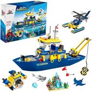 WishaLife City Ocean Exploration Ship, Toy Exploration Vessel, Helicopter, Mini Submarine, Coral Reef with Kyanite, Shark, Mobula, Fun STEM Toy Boat Gift for Boys and Girls Age 6-12 (753 Pie