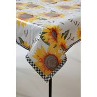 Freckled Sage Oilcloth Products Sunflowers on White with Black Gingham Trim Oilcloth Tablecloth You Pick The Size