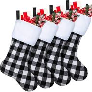 Skylety 20 Inch Christmas Stockings Plaid Stocking Faux Fur Cuff Stocking Fireplace Hanging Stockings for Family Holiday Xmas Party Decorations (Black and White, 4)