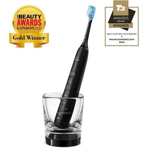 필립스 Philips Sonicare DiamondClean 9000 Electric Toothbrush Double Pack HX9914/57 2 Sonic Toothbrushes with 4 Cleaning Programs, Timer and Charging Glass, New Generation, Black + Rose