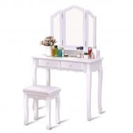 Giantex Tri Folding Mirror Bathroom Vanity Makeup Table Stool Set Home Furni with 4 Drawers (White)