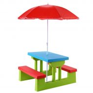 HONEY JOY Kids Picnic Table Set Easy Store Large Picnic Table with Umbrella Garden Yard Folding Bench Outdoor (Colorful Set with Umbrella)
