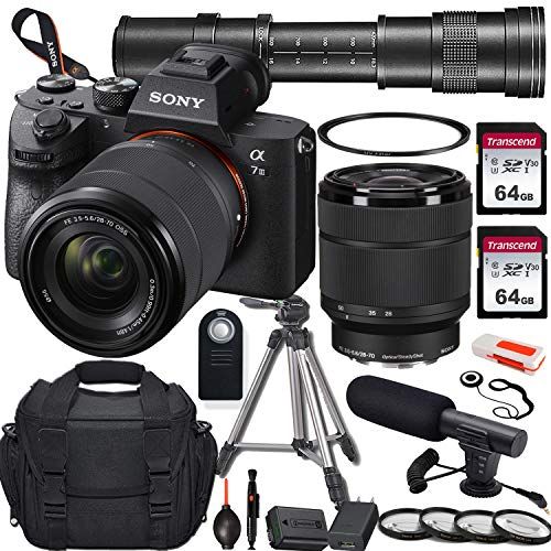 소니 Sony Alpha a7 III Mirrorless Digital Camera with 28-70mm and 420-800mm Telephoto Lens + 2X 64GB Memory Card, UV & Close-up Filters, Microphone, Portable Tripod, Gadget Bag & More