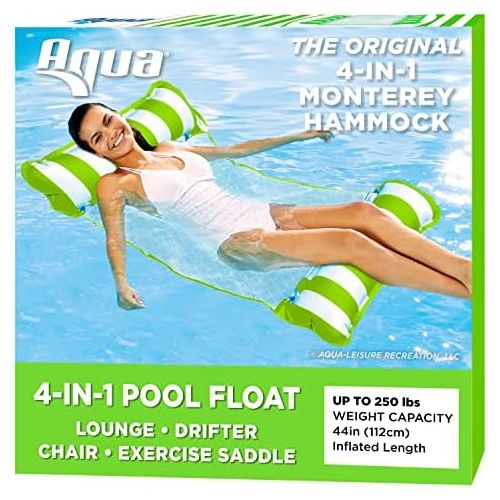  Aqua 4-in-1 Monterey Hammock Inflatable Pool Float, Multi-Purpose Pool Hammock (Saddle, Lounge Chair, Hammock, Drifter) Pool Chair, Portable Water Hammock, Lime Green/White Stripe