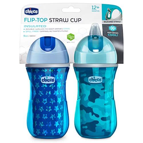 치코 Chicco Insulated Flip-Top Straw Spill Free Baby Sippy Cup, 12 Months+, Blue/Teal, 9 Ounce (Pack of 2)