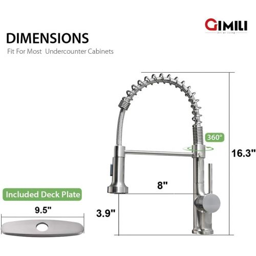  GIMILI Kitchen Sink Faucet Single Handle Pull Down Sprayer Commercial Spring Kitchen Faucet Brushed Nickel with Deck Plate
