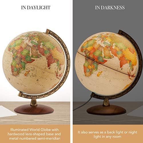  Waypoint Geographic Light Up Globe - Como 12” Desk Decorative Illuminated Antique Ocean Style with Stand, up to Date World Globe
