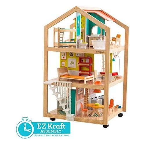 키드크래프트 KidKraft So Stylish Mansion Wooden Mid-Century Dollhouse with EZ Kraft Assembly, Open-Concept, Wheeled Base and 42 Accessories, Gift for Ages 3+