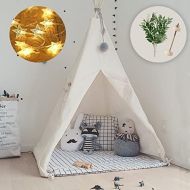 [아마존베스트]little dove Kids Foldable Teepee Play Tent with Carry Case, Banner, Fairy Lights, Feathers, Floor Mat , Four Ploes Style Raw White Color - New Version