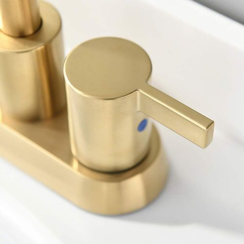 Phiestina Brushed Gold 4 Inch 2 Handle Centerset Lead-Free Bathroom Faucet, with Copper Pop Up Drain and Two Water Supply Lines, BF015-1-BG