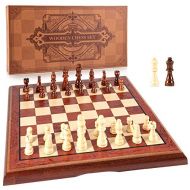 [아마존베스트]AMEROUS 15 Magnetic Wooden Chess Set -Folding Board -2 Extra Queens -Chessmen Storage Slots -Gift Package, Travel Chess Board Game Sets, Chess Rules for Beginner - Chess Set for Ki