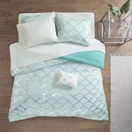 [아마존베스트]Intelligent Design Lorna Complete Bag Trendy Metallic Mermaid Scale Scallop Print Comforter with Polka Dots Sheet Set, Teen Bedding for Girls Bedroom, Twin, Aqua