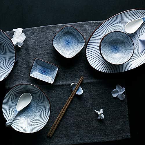  [아마존베스트]Colias Wing 3.5 Simple Blue Stripes with Brown Edge Stylish Design Multipurpose Porcelain Side Dish Bowl Seasoning Dishes Soy Dipping Sauce Dishes-Set of 4-White-Rectangle