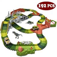 JOYIN Dinosaur Toys 192 Pieces Race Tracks Flexible Train Track Race Car Vehicle Playset with 2 Battery Powered Race Cars and 2 Dinosaur Actions Figures (205 Piece in Total)