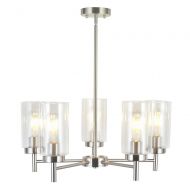 VINLUZ Contemporary 5-Light Large Chandeliers Modern Clear Glass Shades Pendant Lighting Brushed Polished Nickel Dining Room Lighting Fixtures Hanging Adjustable Wire Semi Flush Ce