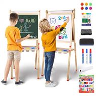 [아마존베스트]YOHOOLYO Kids Wooden Art Easel with Paper Roll, Double Sided Whiteboard Chalkboard Children Easel,Adjustable Height Magnetic Dry Easel Drawing with Kids Art Easel Playset for Boys
