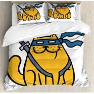Ambesonne Ninja Cat Duvet Cover Set, Cartoon Pet with Blindfold on Plain Backdrop, Decorative 3 Piece Bedding Set with 2 Pillow Shams, California King, Marigold Slate Blue