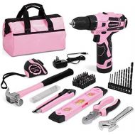 [아마존베스트]WORKPRO 12V Pink Cordless Drill and Home Tool Kit, 61 Pieces Hand Tool for DIY, Home Maintenance, 14-inch Storage Bag Included - Pink Ribbon