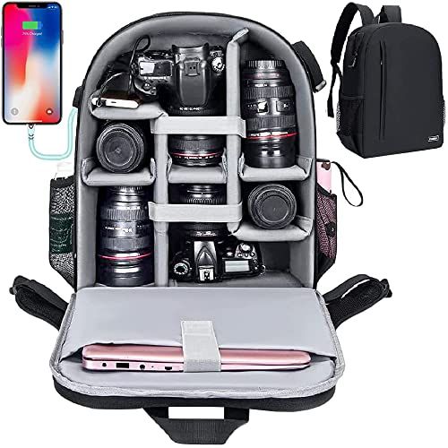  Cwatcun Camera Backpack with USB,Rain Cover,fit 15.6 Laptop,Anti-Theft Rear Open Camera Bag,Waterproof Camera Case with Tripod Straps for Canon Nikon Sony DSLR SLR Photography Bag