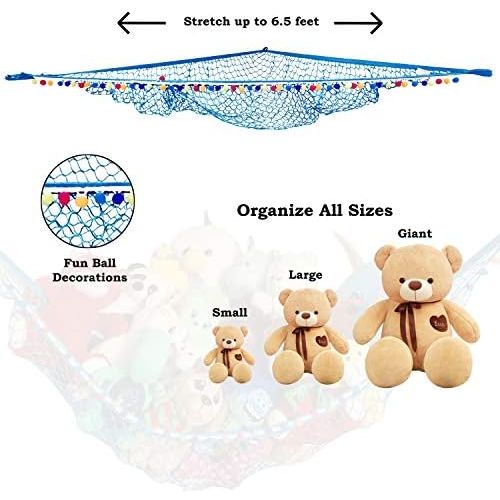  [아마존베스트]HOME4 Hanging Storage Toys Hammock Net with Fun Poms Poms for Plush Animal Teddy Bear - Great Gift for Boys, Girls - Organize Small, Large, Giant Stuffed Toys Balls - Blue