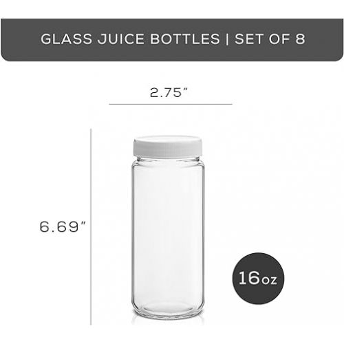  JoyJolt 16 oz Reusable Glass Bottles with Caps. Set of 8 Juicing Bottles With Lids and Juice Jars Labels. Glasses for Cold Brew Bottles, Smoothie