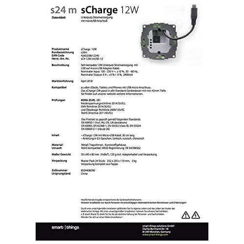  [아마존베스트]Smart things solutions smart things s24 m sCharge - flush-mounted power supply 12W for all sDock (not fix) including Micro USB cable for charging the iPad in a sDock 1st generation | 5 V, + 5% / -5%, 240