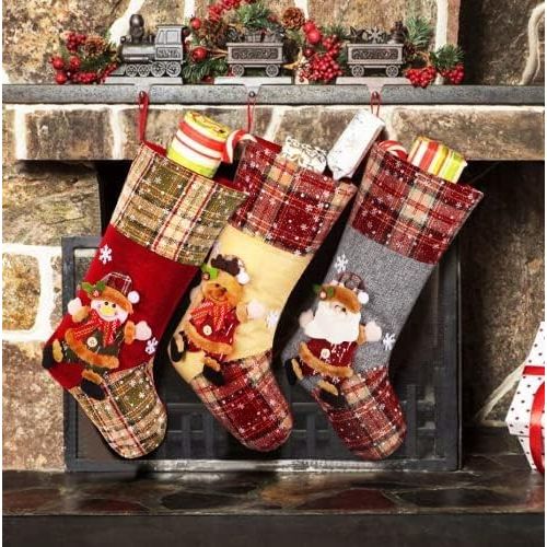 Toyvian 3Pcs Christmas Stockings, Xmas Stockings with 3D Cartoon Santa, Snowman, Elk Pattern Xmas Socks Goodie Gift Storage Stocking Christmas Tree Fireplace Hanging Decor for Holi