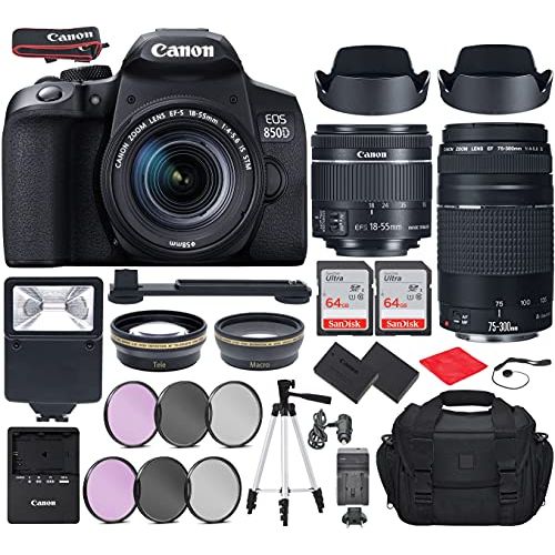  Canon Intl. Canon EOS 850D (T8i) DSLR Camera with EF-S 18-55mm f/4-5.6 is STM, EF 75-300mm f/4-5.6 III Lens Bundle, Travel Kit Accessories (Gadget Bag, Extra Battery, Digital Slave Flash, 128G