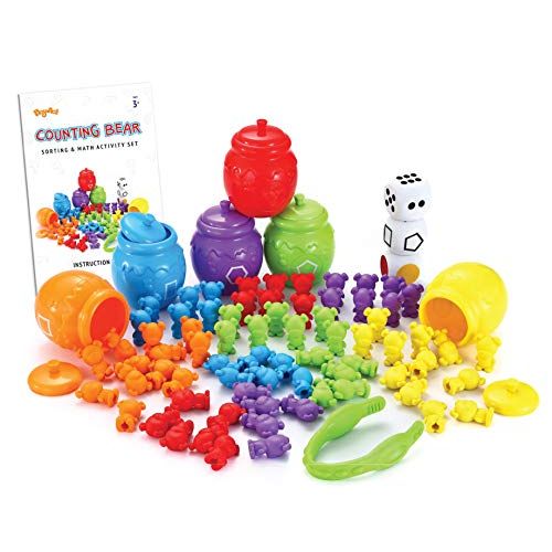  [아마존베스트]JOYIN Play-Act Counting Sorting Bears Toy Set with Matching Sorting Cups Toddler Game for Pre-School Learning Color Recognition STEM Educational Toy-72 Bears, Fine Motor Tool, Dice