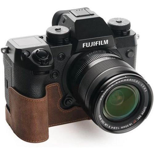  Fuji X-H1 Case, BolinUS Handmade Genuine Real Leather Half Camera Case Bag Cover for Fujifilm Fuji X-H1 XH1 Digital Camera Bottom Opening Version + Hand Strap -Desert Brown