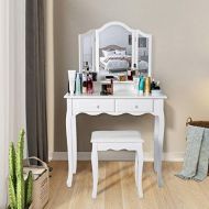 Kinbor Vanity Beauty Station Makeup Table Cushioned Wooden Stool Vanity Makeup Dressing Table with Tri-Folding Mirrors and 4 Organization Drawers Set, White