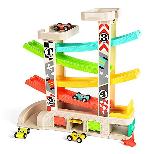  TOP BRIGHT Toddler Toys Race Track Car Gifts for 1 2 3 Year Old Boys - with Wooden Car Ramp, Parking Lot & Gas Station