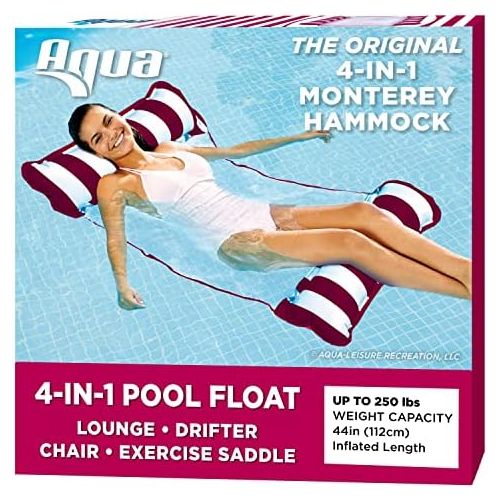  AQUA 4-in-1 Monterey Hammock Inflatable Pool Float, Multi-Purpose Pool Hammock (Saddle, Lounge Chair, Hammock, Drifter) Pool Chair, Portable Water Hammock, Burgundy/White Stripe
