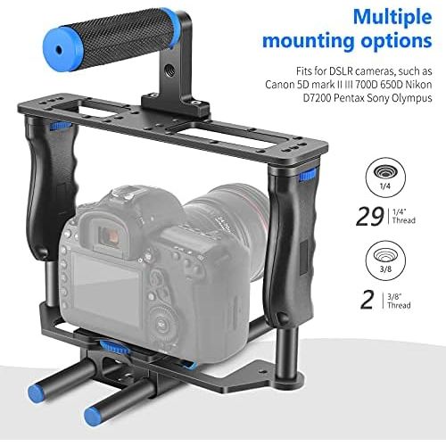 니워 Neewer Aluminum Alloy Camera Video Cage Film Movie Making Kit, with Top Handle, Dual Hand Grip, Two 15mm Rods, Compatible with Canon, Sony, Fujifilm, and Nikon DSLR Camera and Camc