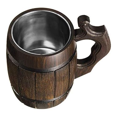  [아마존베스트]MyFancyCraft Handmade Beer Mug Oak Wood Stainless Steel Cup Natural Eco-Friendly 0.6 liters 20 ounces Barrel Brown