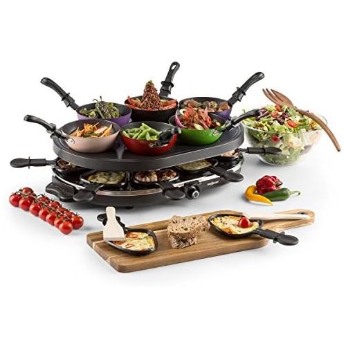  oneConcept Woklette Raclette Barbecue Table Grill Party Grill Power 1200 Watt Freely Adjustable Temperature Includes 8 Frying Pans and Wooden Spatula Non Stick Coating Black