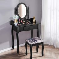 Giantex Vanity Makeup Table Set Girls Chic Modern Style with Glass Mirror Drawer Ladies Large Make Vanity Dressing Table for Women w/Cushioned Stool Bench (Black)