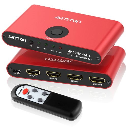  [아마존베스트]AVMTON 4K HDMI 2.0 Switch 3 Port,HDMI Switcher Splitter 3 in 1 Out,Aluminum Red HDMI Selector Box with Remote Supports 4K@60Hz Ultra HD3D 2160P 1080P for DVD,PS3/4 TV/X Box Fire St