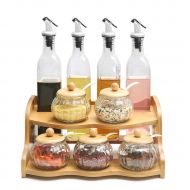 GLMAMK Wood Spice Rack,glass Spice Jars With Spoons, Vinegar Soy Sauce Wine Bottle Spice Kitchen Storage
