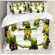 Ambesonne Reptile Duvet Cover Set, Ninja Turtles Dancing Tortoise Team Relax Fun Happiness Theme, Decorative 3 Piece Bedding Set with 2 Pillow Shams, Queen Size, Green White Brown