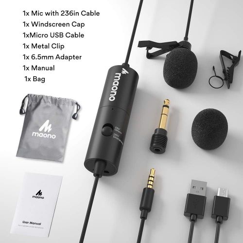  Lavalier Microphone Rechargeable, MAONO Omnidirectional Condenser Clip on Lapel Mic with LED Indicator for Podcasting, Recording, ASMR, Compatible with iPhone, Android, Smartphone,