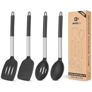 4 Pieces Silicone Cooking Utensils Set, Non-Stick Large Solid Spatulas, Heat Resistant, Black Slotted Spoons, Ideal BPA Free Kitchen Turner for Frying, Mixing, Serving, Draining