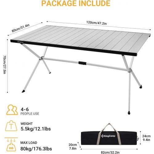  KingCamp Camping Table Roll up Aluminum Folding Table Lightweight Large Portable Foldable Camp Table for Picnic Camping Barbecue Backyard Beach Tailgate Indoor Outdoor, 4-6 Person,