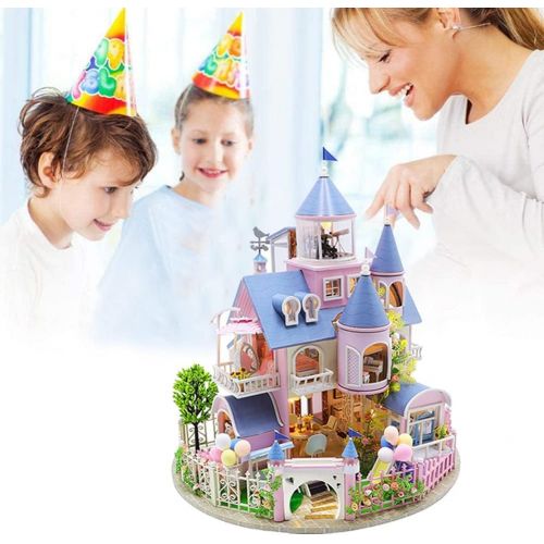  WYD-European Romantic Castle Miniature Dollhouse kit with LED Lights 3D Model Kit Wooden Dollhouse Furniture Boy Girl Birthday Xmas Gift