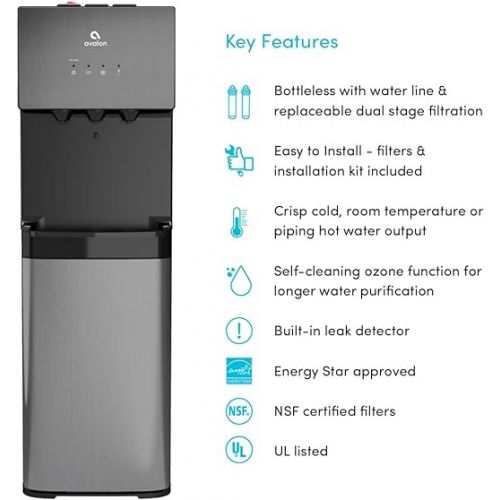  Avalon A5BLK Self Cleaning Bottleless Water Cooler Dispenser, UL, NSF certified Filters, Black Stainless Steel, full size