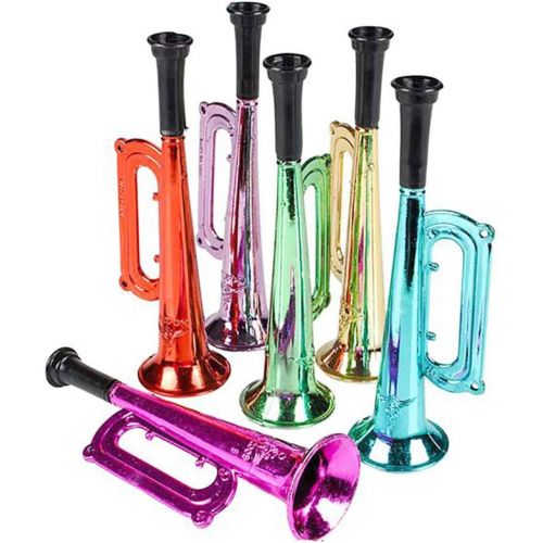  [아마존베스트]Kicko Metallic Trumpet Toys - 12 Pack - Assorted Colors - Shiny Plastic Horns for Kids, Party Favors, Music Class, Pretend Play, Stage Props, Christmas Gifts - 6 Inches